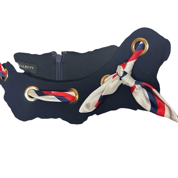 Talbots Navy Ponte Knit Dress Gold Grommet Scarf Neckline Size 12 - Picture 7 of 12